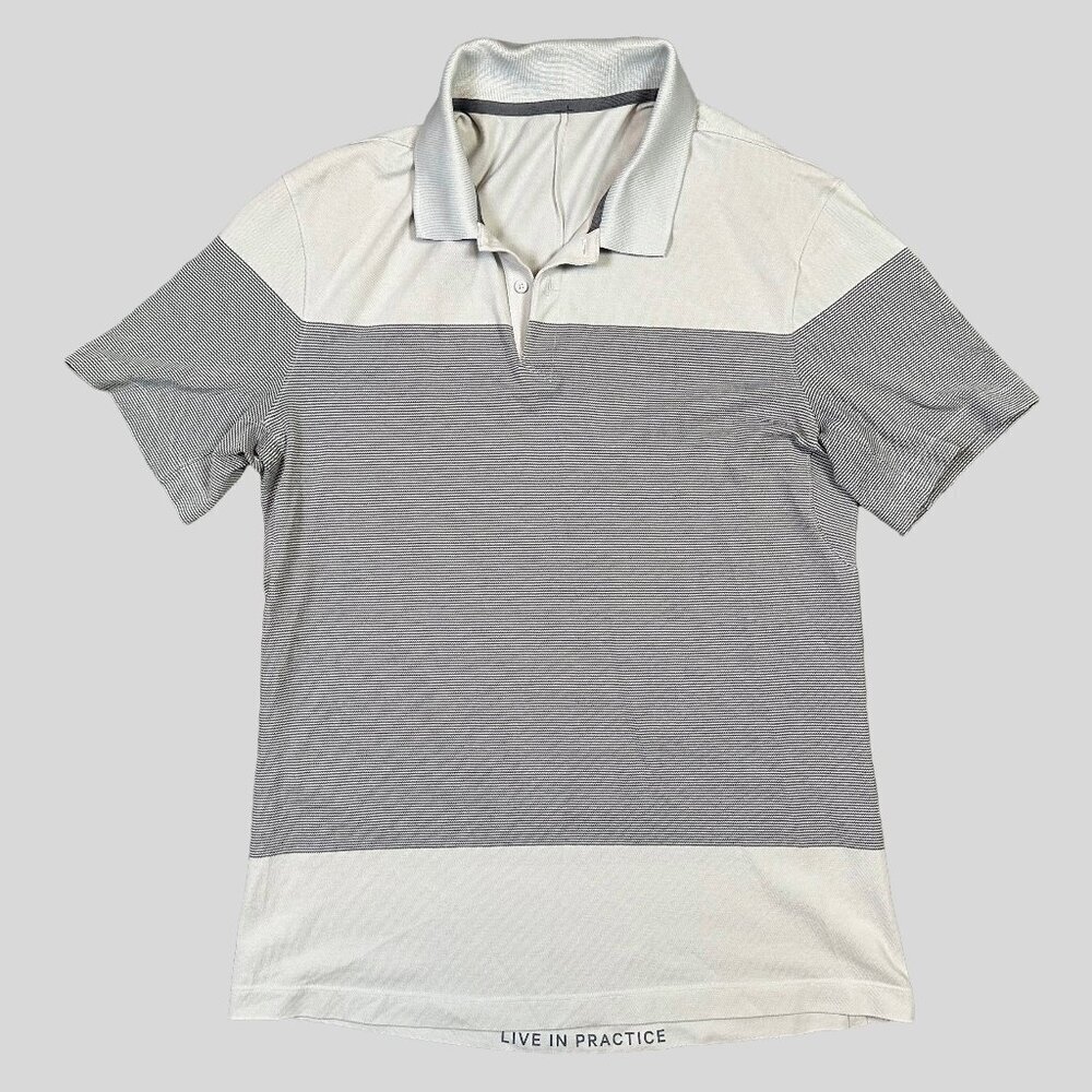 Lululemon Tech Pique Polo Grey Striped Collared Short Sleeve Shirt Medium